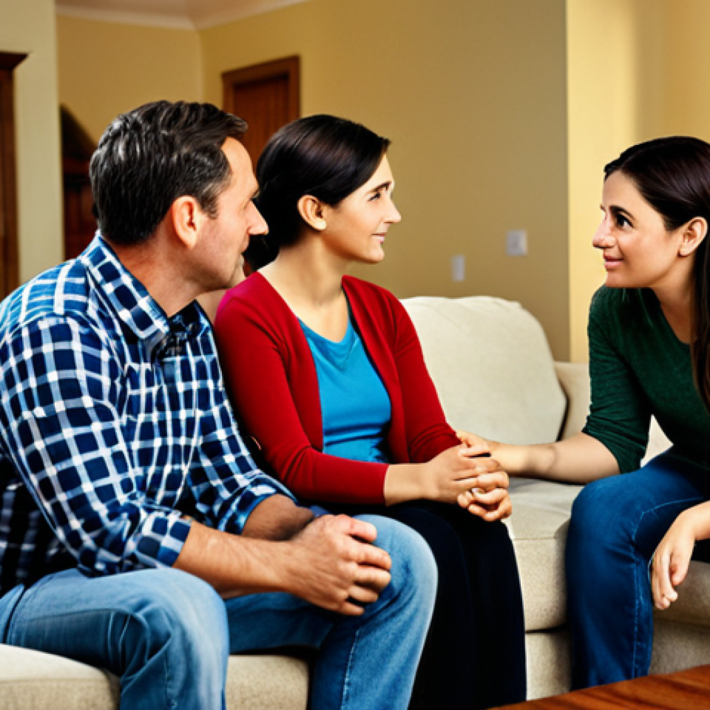 **

A family of four sitting in a living room, fully clothed, engaged in conversation. The room is warm and inviting, with soft lighting and comfortable furniture. The parents are actively listening to their children.  Appropriate attire, safe for work, modest, professional, perfect anatomy, natural proportions, family-friendly.

**