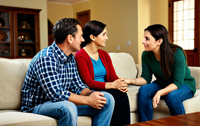 **

A family of four sitting in a living room, fully clothed, engaged in conversation. The room is warm and inviting, with soft lighting and comfortable furniture. The parents are actively listening to their children.  Appropriate attire, safe for work, modest, professional, perfect anatomy, natural proportions, family-friendly.

**