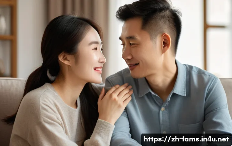 가족상담사가 자주 맞닥뜨리는 상담 유형 - A warm and intimate scene of a Chinese couple in a modern living room, gently holding hands and enga...