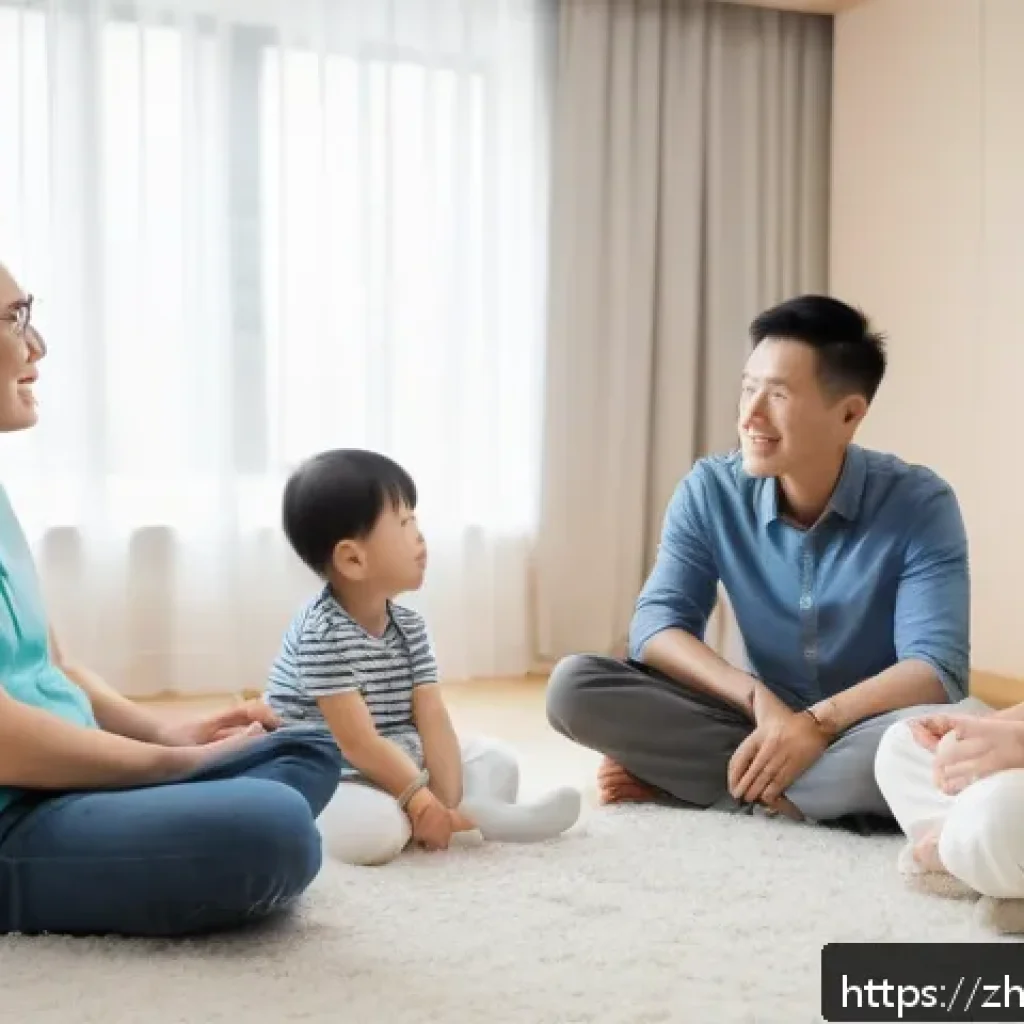 가족상담사와 가정폭력 상담의 차이 - A warm and inviting family counseling session scene in a cozy, softly lit room with a professional f...