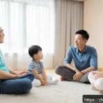 가족상담사와 가정폭력 상담의 차이 - A warm and inviting family counseling session scene in a cozy, softly lit room with a professional f...