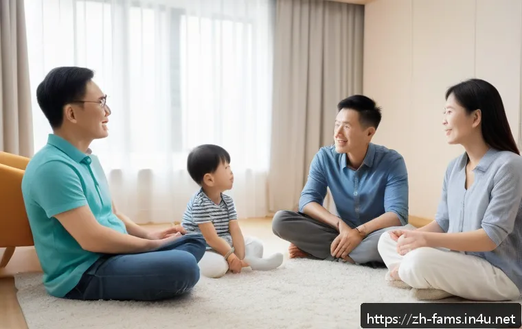 가족상담사와 가정폭력 상담의 차이 - A warm and inviting family counseling session scene in a cozy, softly lit room with a professional f...