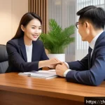 가족상담사의 전문성 홍보 방법 - A professional family counselor in a modern, warmly lit office setting, wearing neat and elegant bus...