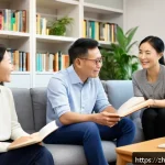 가족상담사의 커리어 패스 선택 가이드 - A modern family counseling session in a bright, cozy office setting with a diverse middle-aged couns...