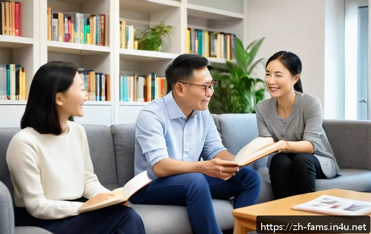 가족상담사의 커리어 패스 선택 가이드 - A modern family counseling session in a bright, cozy office setting with a diverse middle-aged couns...
