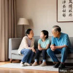 가족상담사의 고객 유형별 상담 전략 - A modern family counseling session scene in a bright, cozy room with a diverse Chinese family includ...